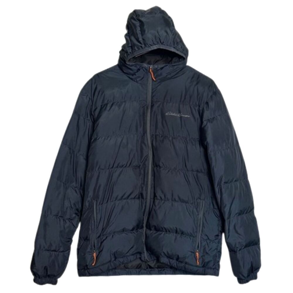 Eddie Bauer Mens Wide Channel Hooded Goose Down Jacket Size Large Puffer Grey